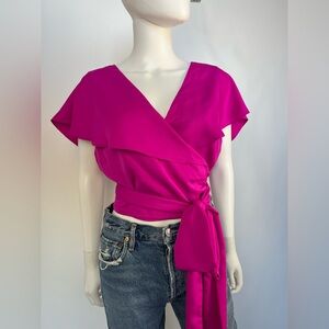 NWT‎ Lovers + Friends Kristina Top Magenta Pink Wrap Flutter Sleeve Revolve XL